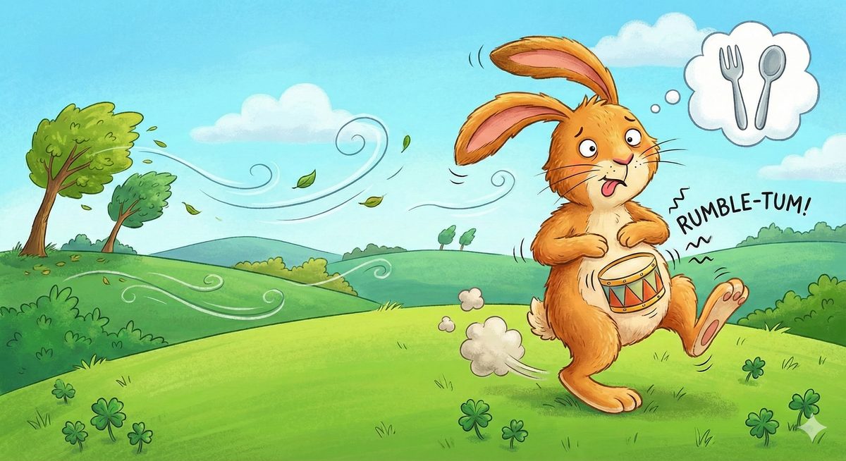 Page 1: Mick the hare running through the green Wicklow hills with a rumbling tummy
